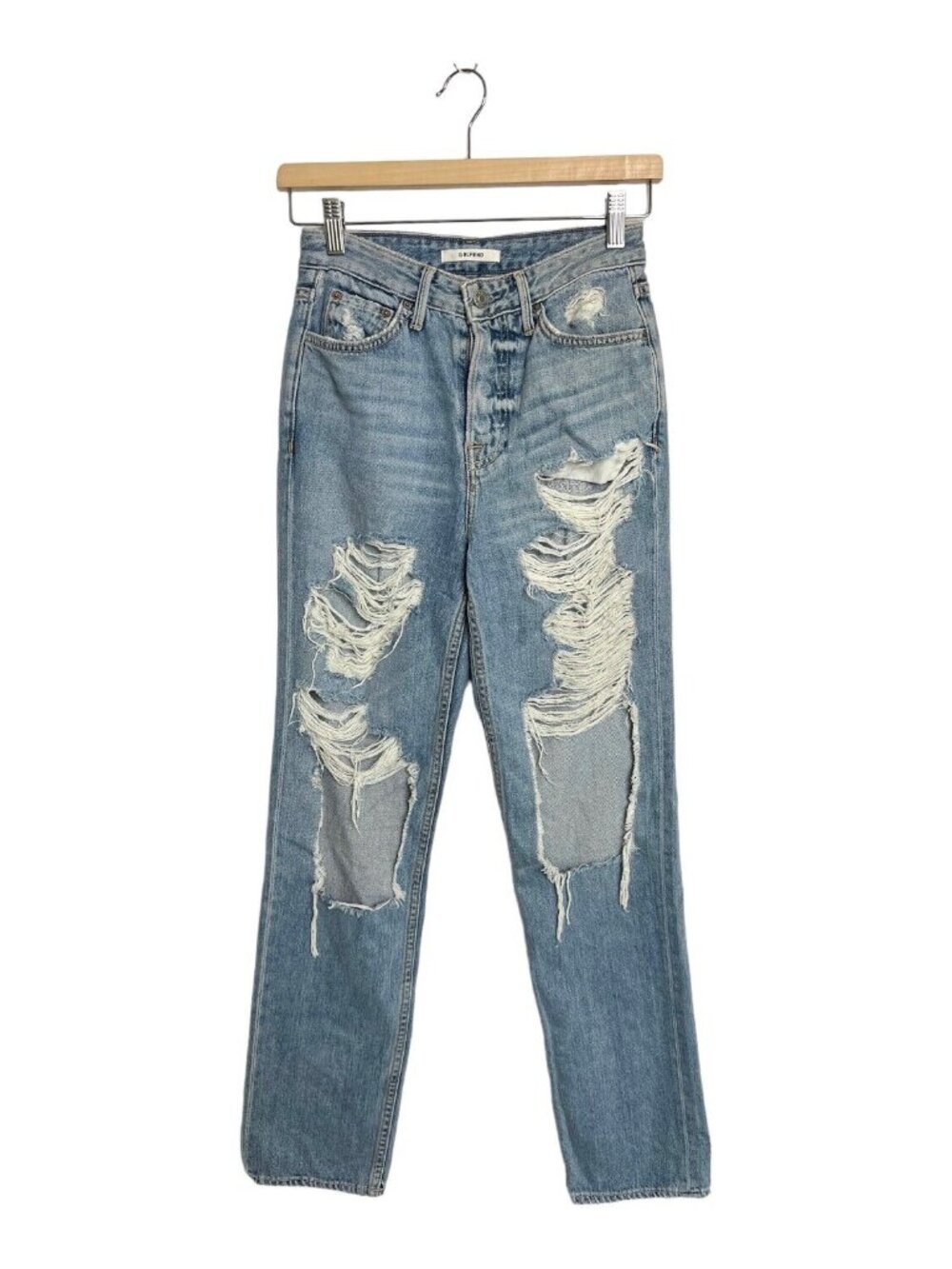 GRLFRND Mica Jeans Size 24 Distressed High Waisted Button Fly High Light Blue